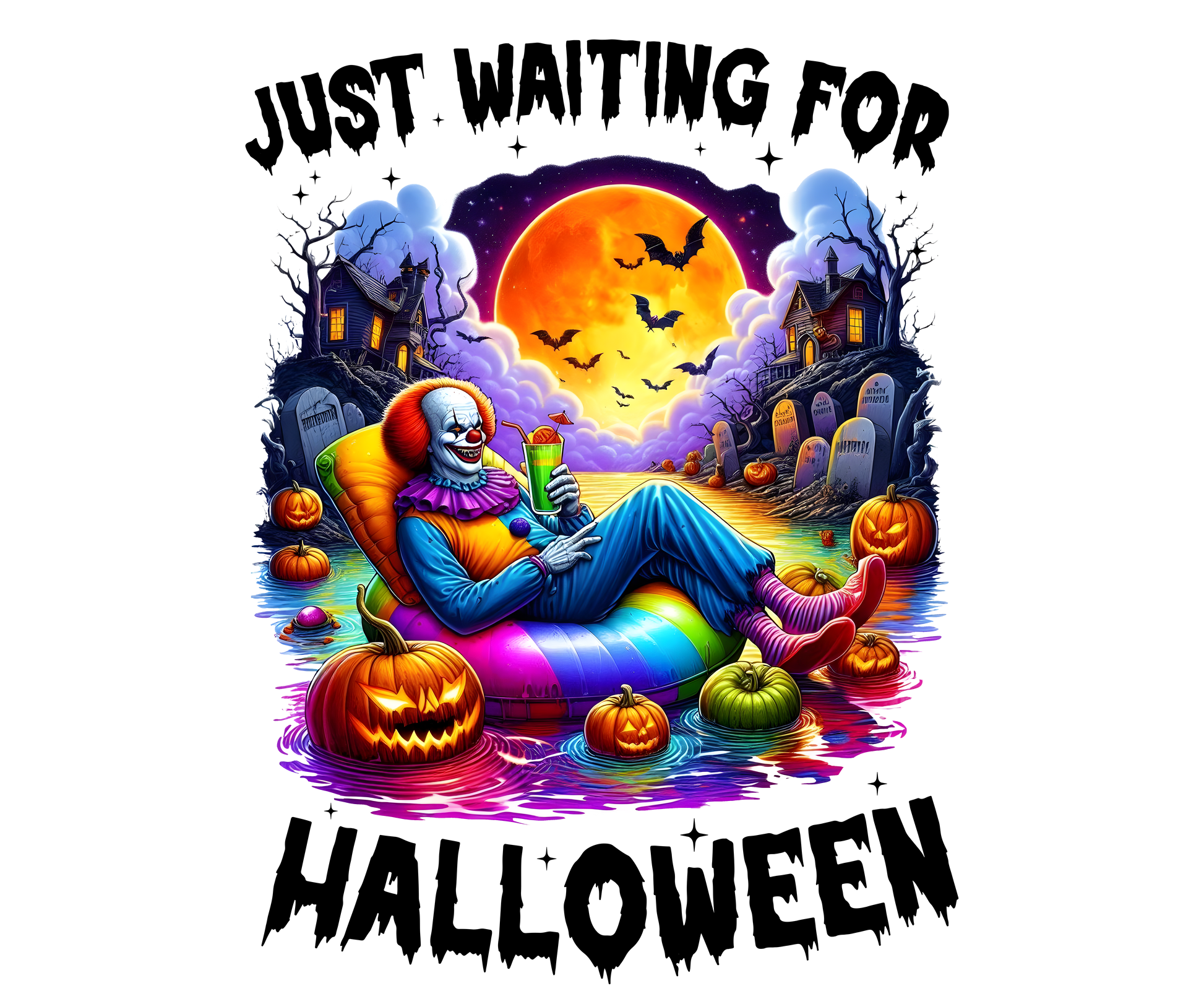 Just Waiting For Halloween Floaters Transfer Adult back 12”W Creepy Clown Backroad Graphx Best DTF Transfers Near Me UVDTF Stickers decals embroidery swag heat transfers direct to film