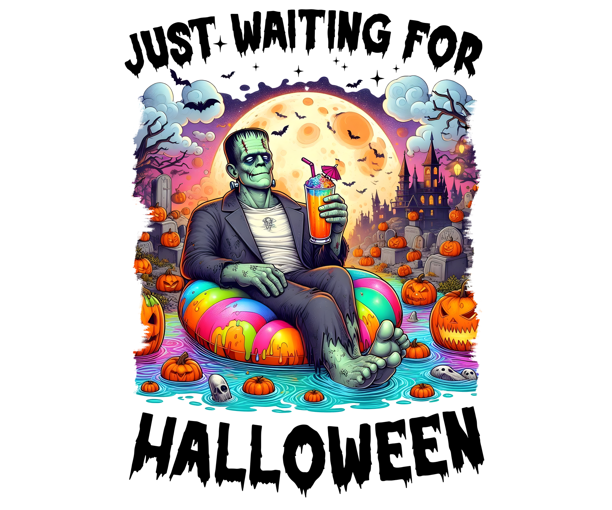 Just Waiting For Halloween Floaters Transfer Adult back 12”W Frankenstein Backroad Graphx Best DTF Transfers Near Me UVDTF Stickers decals embroidery swag heat transfers direct to film
