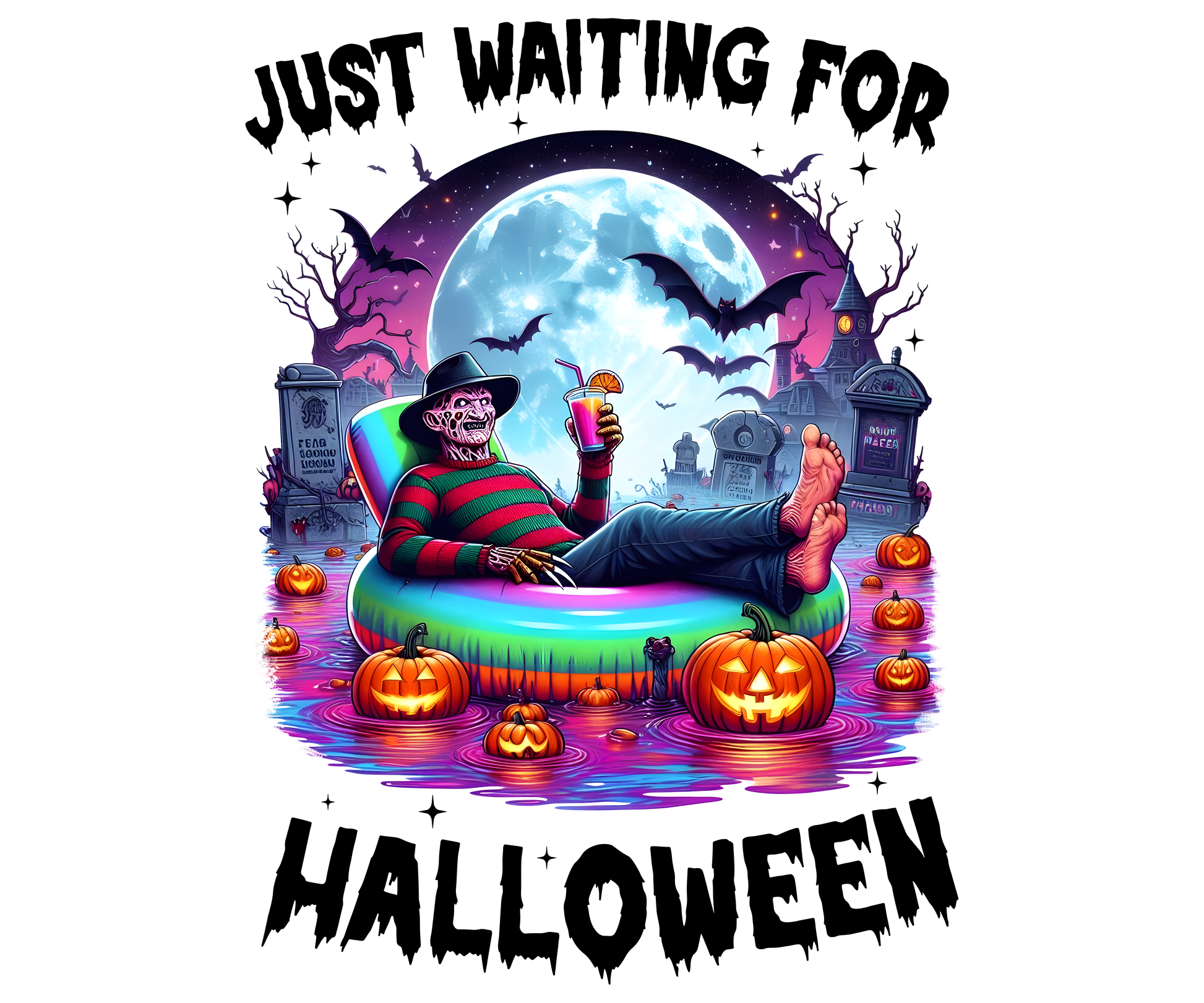 Just Waiting For Halloween Floaters Transfer Adult back 12”W Freddy Kruger Backroad Graphx Best DTF Transfers Near Me UVDTF Stickers decals embroidery swag heat transfers direct to film