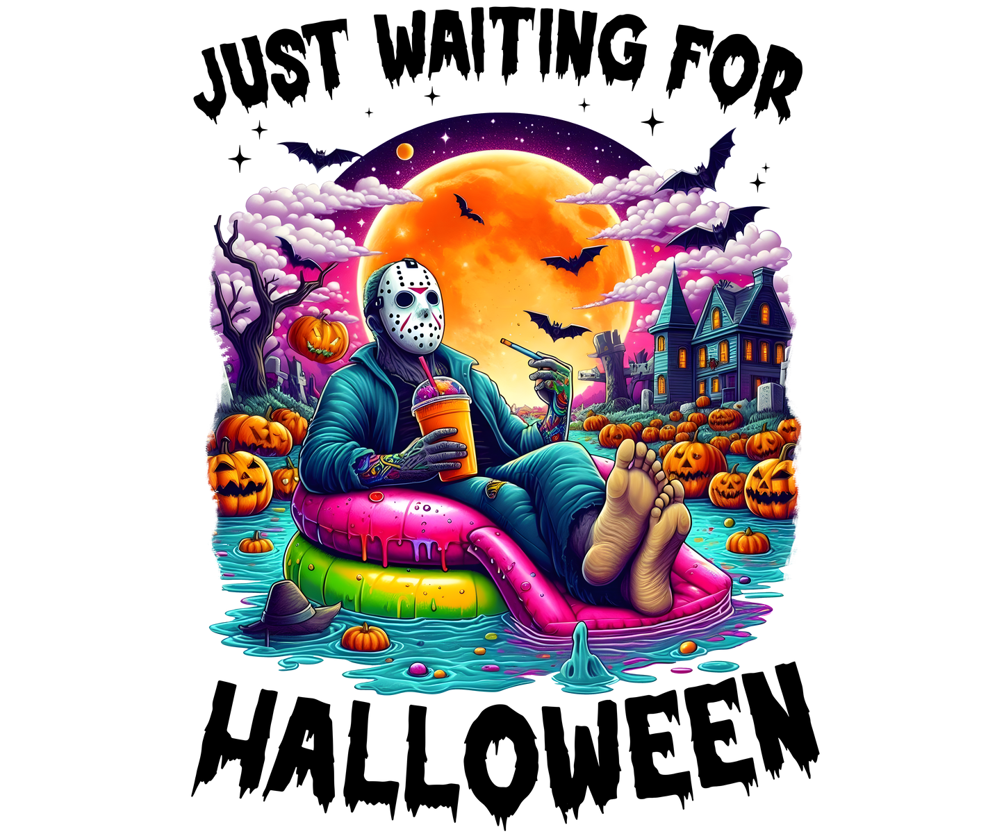 Just Waiting For Halloween Floaters Transfer Adult back 12”W Jason Voorhees Backroad Graphx Best DTF Transfers Near Me UVDTF Stickers decals embroidery swag heat transfers direct to film