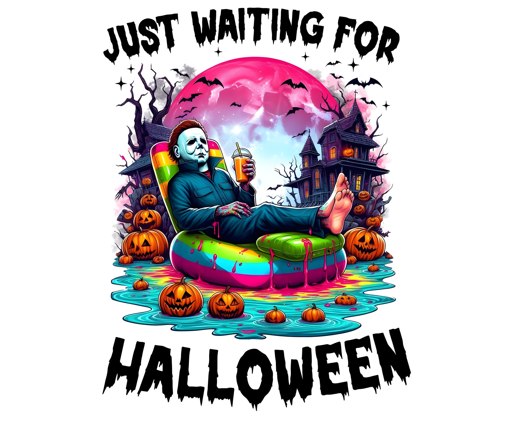 Just Waiting For Halloween Floaters Transfer Adult back 12”W Michael Myers Backroad Graphx Best DTF Transfers Near Me UVDTF Stickers decals embroidery swag heat transfers direct to film