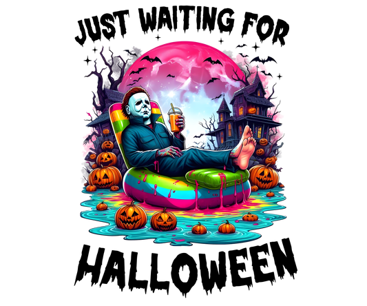 Just Waiting For Halloween Floaters Transfer Adult back 12”W Michael Myers Backroad Graphx Best DTF Transfers Near Me UVDTF Stickers decals embroidery swag heat transfers direct to film